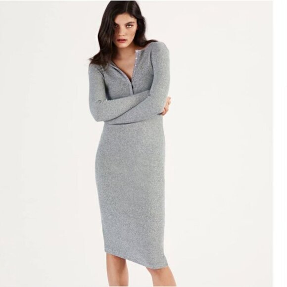 ZARA Henley Heather Gray Ribbed Polo Neck Soft Midi Dress Scandi Girl Size M - Picture 1 of 16